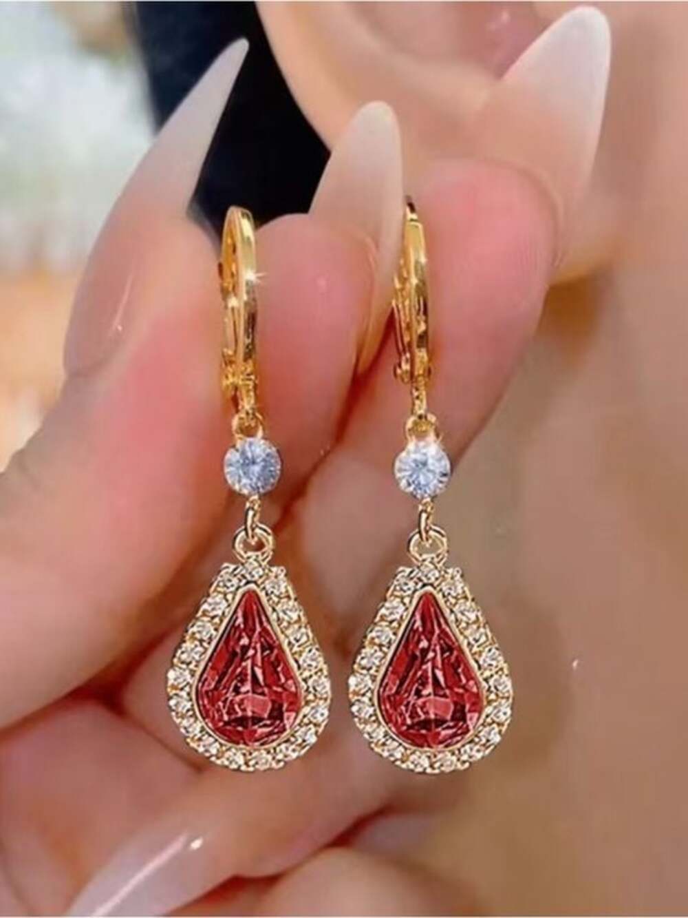 Gold Teardrop Red Crystal Dangle Earrings - Women Jewelry